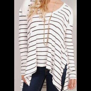 Free People White Black Striped Waffle Knit Distressed Long Sleeve Top Size XS